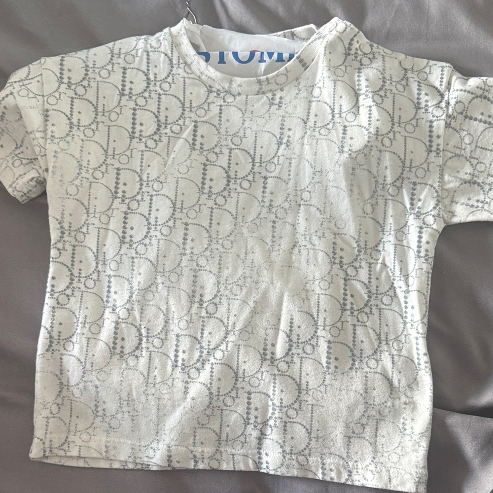 Dior White Short Sleeve Tee with Gray Monogram Pattern